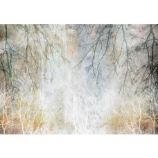 Fotobehang met boomtakken die tegen een betonnen muur groeien, wat een unieke mix van natuur en industrie creëert.