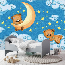 Een fotobehang van teddybeertjes in de babykamer tussen de wolken voor de jongenskamer.