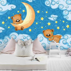 Een fotobehang van teddybeertjes in de babykamer tussen de wolken voor de kinderkamer.