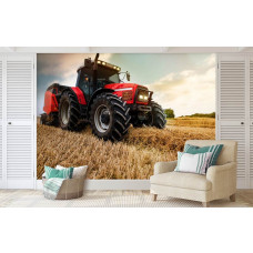 Een slaapkamer met een fotobehang van een tractor op het land; een krachtige tractor maakt strobalen op een akker.