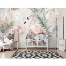 Een babykamer met een fotobehang met sierlijke flamingo’s en weelderige junglebladeren, die samen zorgen voor een frisse en exotische uitstraling