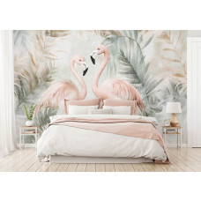 Fotobehang met sierlijke flamingo’s en weelderige junglebladeren, die samen zorgen voor een frisse en exotische uitstraling in de slaapkamer.