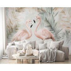 Fotobehang in een woonkamer met sierlijke flamingo’s en weelderige junglebladeren, die samen zorgen voor een frisse en exotische uitstraling