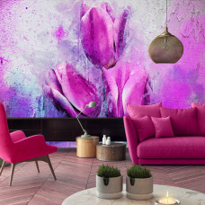 Een fotobehang met roze tulpen in een schilderij voor de woonkamer.