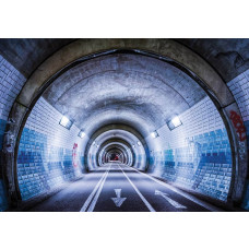 Fotobehang van een tunnel met 3D-effect, stadsgezicht met diepte.