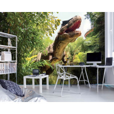 Een gamekamer met een fotobehang tyrannosaurus rex in de jungle met een indrukwekkende dinosaurus te midden van een levendig junglelandschap.