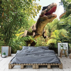 Een slaapkamer met een fotobehang tyrannosaurus rex in de jungle met een indrukwekkende dinosaurus te midden van een levendig junglelandschap.