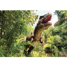 Fotobehang tyrannosaurus rex in de jungle met een indrukwekkende dinosaurus te midden van een levendig junglelandschap.