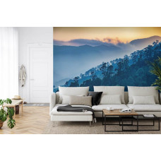 Een fotobehang met een panoramisch beeld van bergen en bossen, geschikt voor een woonkamer.