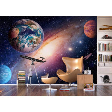 Een woonkamer met een fotobehang van het universum met allemaal planeten en sterren.