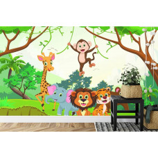 Een fotobehang met jungledieren ontworpen voor kinderen, afgebeeld in een kinderkamer.