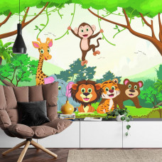 Een fotobehang met blije jungledieren in een speelse stijl, weergegeven in een slaapkamer.