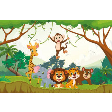 Fotobehang van vrolijke jungledieren, perfect voor kinderen, met kleurrijke illustraties van exotische dieren.