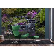 Een fotobehang van een waterval in een Japanse tuin in Montreal in een woonkamer met Airtex.