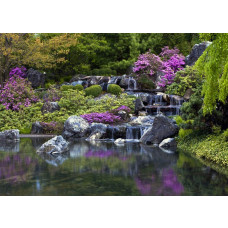 Een fotobehang van een waterval in een Japanse tuin in Montreal.