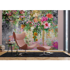 Een fotobehang van waterverf bloemenpracht in abstracte aquarel in een woonkamer met Airtex en vliesbehang.