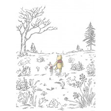 Winnie the Pooh Walk fotobehang toont Winnie de Poeh en Knorretje die hand in hand door een rustig bos wandelen, met zachte pastelkleuren.