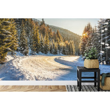 Een fotobehang met een panoramisch winterlandschap vol besneeuwde bomen, perfect voor een keuken.