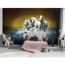 Een fotobehang met witte paarden galopperend door het water in een tienerslaapkamer.