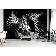 Een fotobehang van zebra’s in een dierenontwerp te zien in de woonkamer.