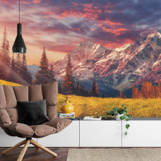 Een fotobehang met een zonnig Alpenlandschap en groene weiden, afgebeeld in een woonkamer.