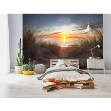 Een fotobehang met een zonsondergang bij zee en duinen, perfect voor een slaapkamer.