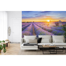 Een fotobehang met een idyllische zonsondergang boven een lavendelveld, weergegeven in een woonkamer.