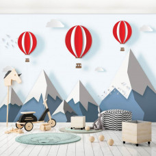 Een kinderbehang met luchtballonnen, bergen en sneeuw voor een babykamer en speelkamer.