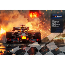 Fotobehang met Max Verstappen die in zijn Formule 1-auto door de vlammen over de finish rijdt en wereldkampioen is geworden.