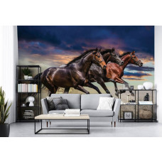 Een fotobehang met rennende paarden voor de woonkamer.