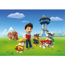 Paw patrol behang met Ryder, Chase, Sky, Marshal, Rocky, Rubble en Zuma voor de uitkijktoren.