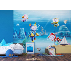 Fotobehang met de Paw Patrol personages Chase, Marshall, Skye, Rubble op duikavontuur in de zee, weergeven in de kinderkamer.