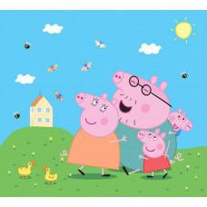 Behang van Peppa Pig, George, Papa Pig en Mama Pig die lachend voor hun huis staan, omringd door schattige eendjes, zoemende bijtjes en fladderende vlinders onder een stralende zon.