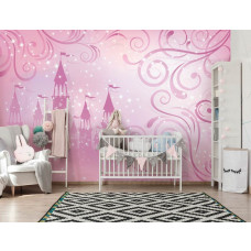 Een fotobehang van een sprookjeskasteel met sterren en prinsessen voor de babykamer.